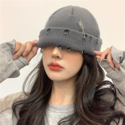 Купить Hat Autumn and Winter Ripped Ruffle Solid Color Knitted Female Hipster Street Woolen Cap All-Match Style Wholesale