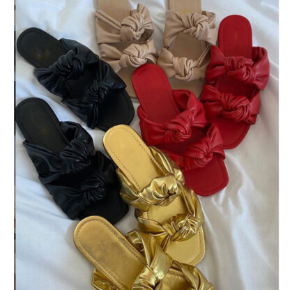 Купить Fashion solid color casual all-match double row bow decoration outdoor Women slippers 2021 summer new plus size beach slippers