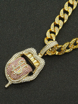 Купить Pendant Necklaces European Hip Hop Rap Rap Decoration Full Diamond Three-Dimensional Dollar Tongue Hipster Exaggerated Cuban Link Chain Necklace