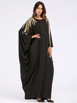 Купить Loose Muslim Abaya Dress Women Batwing Sleeve Beading Islamic Clothing Jubah Long Robe Kimono Turkey Islam Caftan Maxi Dresses