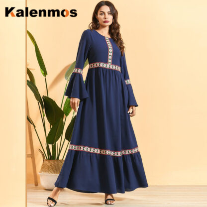 Купить Kalenmos New Autumn Muslim Dress Women Pleated Flare Sleeve Boho Sundress Islamic Slim Big Swing Beach Party A-line Vestidos