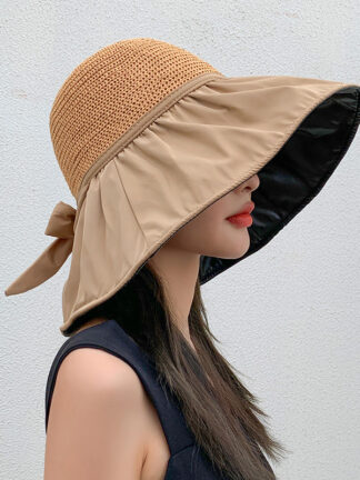 Купить Summer Vinyl Bow Sunhat Female Hollow-out Straw Hat UV Protection Big Brim Face-Covering Sun-Proof Sun Bucket Hat