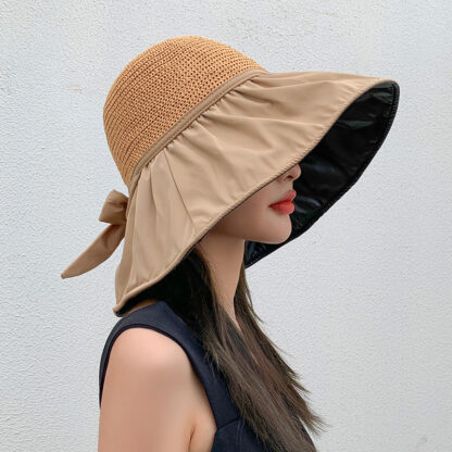 Купить Summer Vinyl Bow Sunhat Female Hollow-out Straw Hat UV Protection Big Brim Face-Covering Sun-Proof Sun Bucket Hat