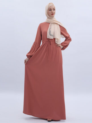 Купить Turkey Muslim Lace-up Abaya Maxi Dress Lantern Sleeve Women Big Swing Solid Moroccan Kaftan Dubai Islamic Clothing Hijab Vestido