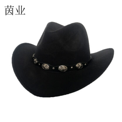 Купить Punk Cowboy Hat Autumn and Winter Woolen Felt Hat Men and Women Fedora Hat British Style Metal Belt Vintage Top