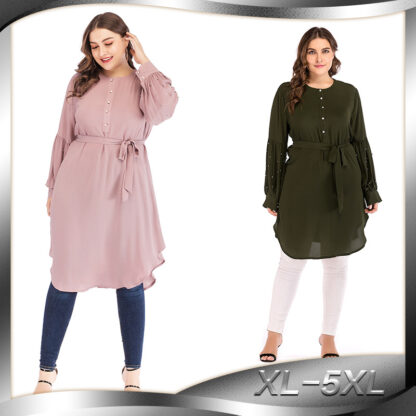 Купить Loose Muslim Tops Long Shirts and Blouses Women O Ne Lace-up Lantern Sleeve Shirt and Blouse Solid Outwear Clothing Plus Size