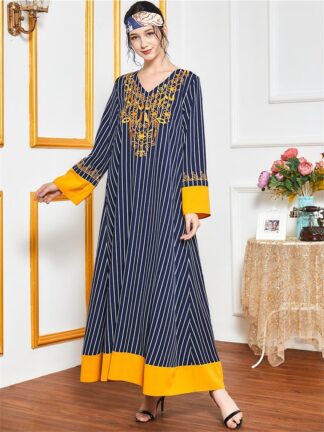Купить Striped Embroidered Maxi Dress arabic muslim women Ethnic V Ne Long Sleeve Turkey Arabic islamic Clothes Loose moroccan kaftan