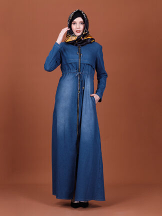 Купить Muslim Hooded Denim Hijab Dress Women Dstring Slim Denim Dresses with Poet Islamic Zipper Long Robe Kaftan Islamic Clothing