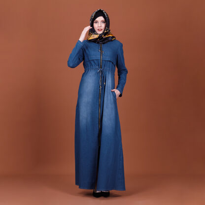 Купить Muslim Hooded Denim Hijab Dress Women Dstring Slim Denim Dresses with Poet Islamic Zipper Long Robe Kaftan Islamic Clothing