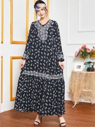 Купить Ethnic Print Embroidery Women Maxi Dress Bla Loose V Ne Long Sleeve Arabic Muslim Islamic Clothing Dresses Elegant Swing