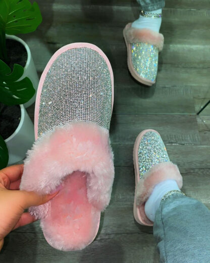 Купить 2021 autumn and winter new fashion sexy roman rhinestone plush flat cotton slippers Outdoor plus size Baotou womens slippers