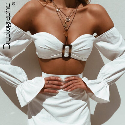 Купить Sexy Off Shoulder Two Piece Sets Women Outfits Fashion Club Matching Set Flare Sleeve Crop Top and Skirt Set Solidhigh quality