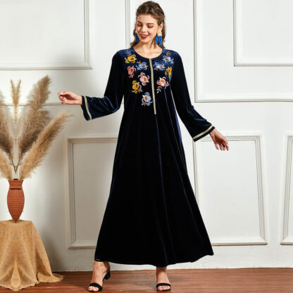 Купить Winter Muslim Veet Dress Women Embroiedry Floral Moroccan Kaftan Long Robe Abaya Islamic Clothing Turkey Hijab Arabic Dresses