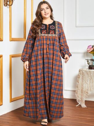 Купить Plaid Muslim Abaya Dress Women Embroidery Ramadan Hijab Dresses Jilbab Turkey Islamic Vestido Moroccan Kaftan Arabic Elbise 2021