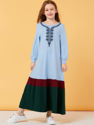 Купить Sweat Muslim Girls Dress Children Floral Embroidery Moroccan Dresses Kids Kimono Islamic Clothing Dubai A-line Vestido Kaftan