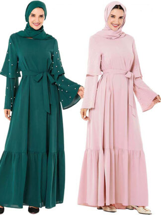 Купить Ruffle Pearl Muslim Abaya Dress Women Flare Sleeve Big Swing Turkish Kaftan Party Hijab Dresses Dubai Arab Islamic Clothing 2021