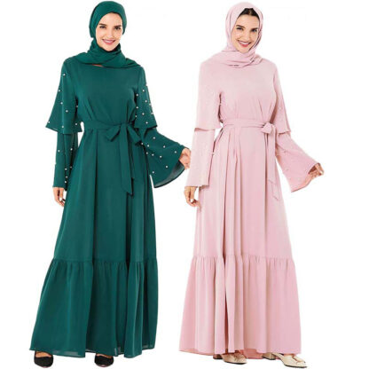 Купить Ruffle Pearl Muslim Abaya Dress Women Flare Sleeve Big Swing Turkish Kaftan Party Hijab Dresses Dubai Arab Islamic Clothing 2021