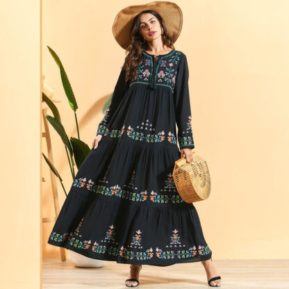 Купить Arab Dubai Muslim Dress Boho Floral Embroidered Long-Sleeved Fashion Multi-Layer Pleated Casual Dresses Abaya Isalmic Clothing