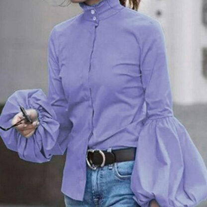Купить Single Breasted Button Turtlene Blouse Women Shirts Solid Puff Sleeve Office Ladies Tops Slim Fit Vintage Work Wear 3XL 2021