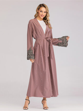 Купить Dubai Muslim Abaya Dress Women Beading Kimono Turkey Long Robe Lace-up Jubah Islamic Clothing Outwear Maxi Hijab Dress Abayas