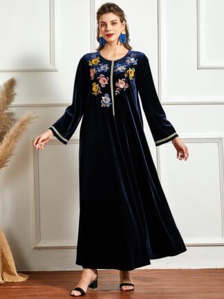 Купить Vintage Winter Veet Long Dress Women Solid Plus Size Loose Maxi Dresses Poets Long Sleeve Basic Winter Muslim Dress Isalmic
