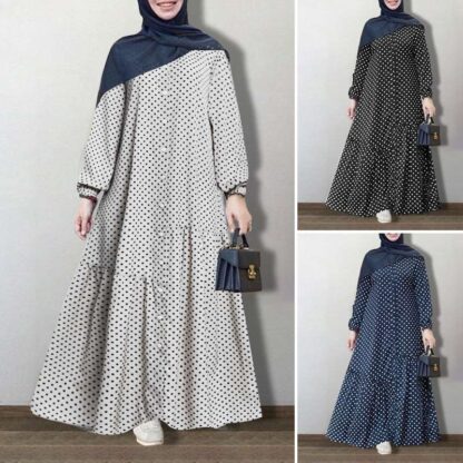 Купить Turkey Arab Retro Printed Polka Dot Muslim Dress Button Womens Autumn Puff Sleeve Maxi Vestidos Female Moroccan Kaftan Abayas