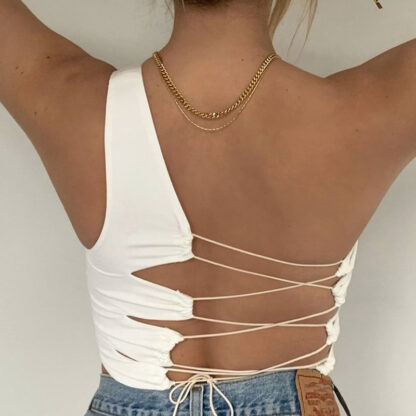 Купить One Shoulder Fashion Sexy Baless Lace Up Crop Tops for Women Summer Bandage Top Cropped Sleeveless Top Solidhigh quality