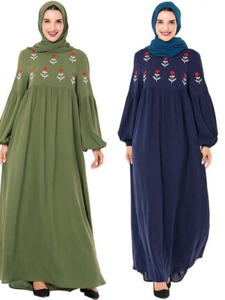 Купить Dubai Abaya Muslim Dress Women Floral Embroidery Lantern Sleeve Long Dresses Turkey Big Swing Arabian Kimono Islamic Clothing