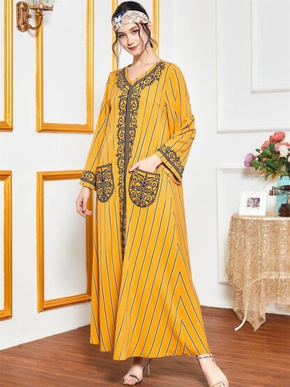 Купить Arabic Muslim Dress Embroidered Fall 2021 Long Sleeve Maxi Dresses Poets Striped Loose Turkey Islamic Clothing Moroccan Kaftan