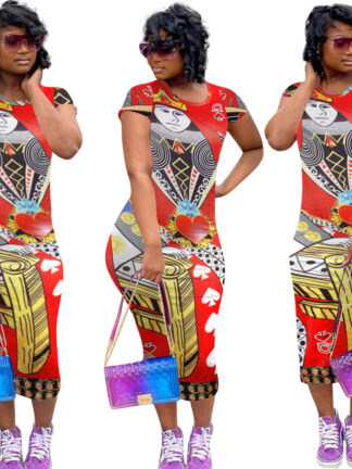 Купить Summer Poker Card Print Women Dress O-ne Short Sleeve Midi Bodycon Pencil Maxi Vestidos Streetwear Party African Long Dresses