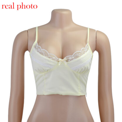 Купить Yellow Satin Lace Crop Top Sexy Sleeveless Cami Baless Cute Y2K Female Top Vest Cropped Tops Clotheshigh quality