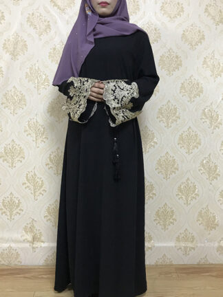 Купить Arab Muslim Abaya Dress Women Embroidery Jibab Kimono Caftan Long Robe Islamic Clothing Lace-up Trumpet Sleeve Hijiab Dresses
