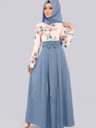 Купить Islamic Clothing hijab Dresses Muslim Women Fake Two-piece Print Floral Bow abaya Dress Dubai Arab big swing A-line Maxi Dress
