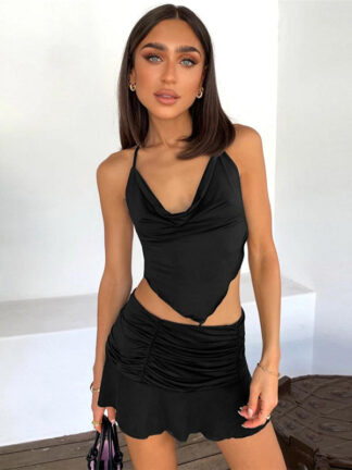 Купить Summer Halter Sexy Crop Top and Mini Skirts Ruched Two Piece Fashion Outfits Matching Set Sleeveless Womens Sethigh quality