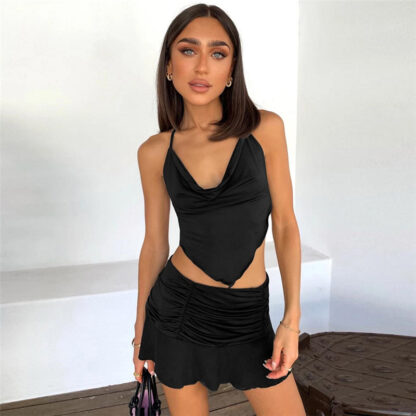 Купить Summer Halter Sexy Crop Top and Mini Skirts Ruched Two Piece Fashion Outfits Matching Set Sleeveless Womens Sethigh quality