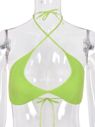 Купить Hot Sexy Halter Baless Knit Wrap Crop Top for Women Fashion Summer Green Tie Up Tops Sweater Streetwear Clubhigh quality