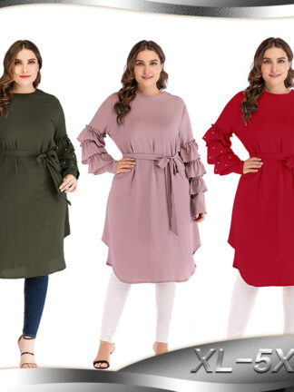 Купить Solid Color Muslim Tops and Blouses Women Long Sleeve Beaded Lace-up Arab Dubai Clothing Female Loose Long Tops Plus Size XL-5XL