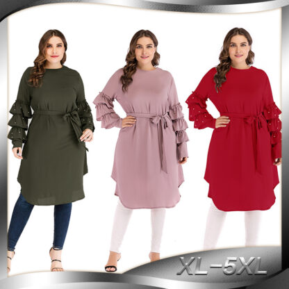 Купить Solid Color Muslim Tops and Blouses Women Long Sleeve Beaded Lace-up Arab Dubai Clothing Female Loose Long Tops Plus Size XL-5XL