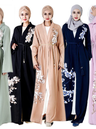 Купить Muslim Embroidery Maxi Abaya Dress Women Plus Size Long Robes Poets Lace-up Floral Moroccan Kaftan Jubah Arab Islamic Clothing
