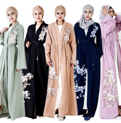 Купить Muslim Embroidery Maxi Abaya Dress Women Plus Size Long Robes Poets Lace-up Floral Moroccan Kaftan Jubah Arab Islamic Clothing