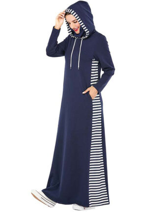 Купить Dubai Arab Hooded Trasuit Long Dress Women Muslim Stripe Sports Jogging Maxi Dress Walk Wear Side Poets Islamic Clothing