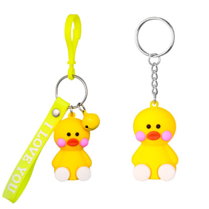 Купить Cute sitting cartoon little yellow duck key chain pendant soft rubber strip alloy small bell accessories small animal keychain
