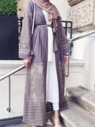 Купить Muslim Open Abaya Embroidery Mesh Dubai Long Robe Hijab Dresss Women Caftan Lace-up Kimono Jubah Islamic Clothing Arab Outwear
