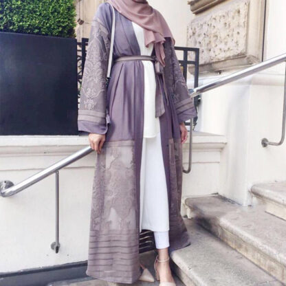 Купить Muslim Open Abaya Embroidery Mesh Dubai Long Robe Hijab Dresss Women Caftan Lace-up Kimono Jubah Islamic Clothing Arab Outwear
