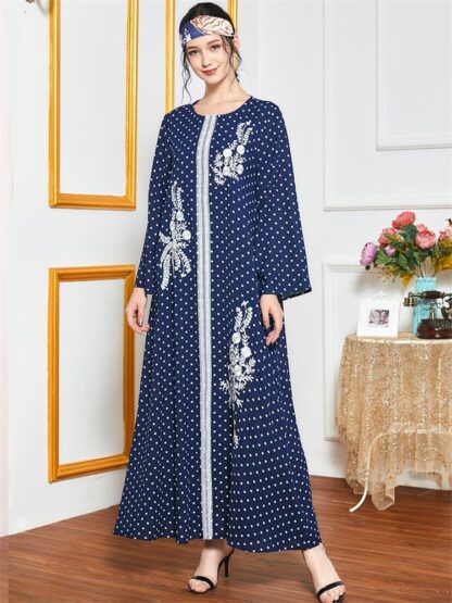 Купить Autumn 2021 Polka Dot Maxi Dress for Women Ethnic O Ne Full Sleeve Loose Casual Arabic Muslim Clothes New Abaya Islamic Gown