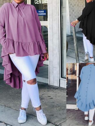 Купить New Autumn Asymmetrical Ruffles Blouse Tops Solid Color Long Sleeve Loose Blusa Tops Turn Down Collar Blouses Lady Workwear 2021