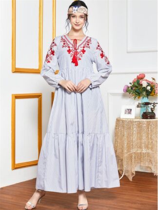 Купить Turkey Muslim Striped Maxi Dress Women Floral Embroidery Ethnic V Ne Long Sleeve Arabic Islamic Clothes Abaya Gown Autumn 2021