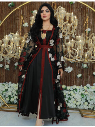 Купить turkey Dubai Arabic Muslim women Dress Satin Abaya embroidery lace floral dresses sets 2 pieces Islamic Pakistan Moroccan Kaftan
