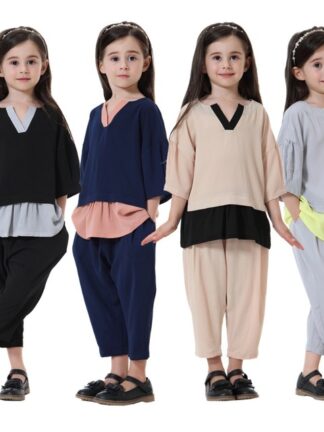 Купить Turkey Muslim Girls 2pcs Sets Kids Tops Pants Suits Half Sleeve Shirts Trousers Islamic Clothing Arab Robe Gowns Jubah Ramadan