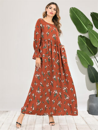 Купить arabic Elegant Ethnic Floral Maxi Dress O Ne Long Sleeve Slim High Waist Swing turkey Muslim isalmic Clothes Orange Autumn new